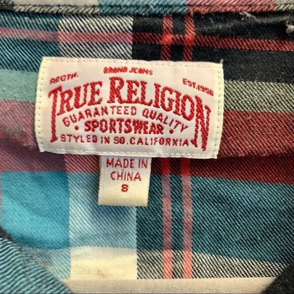 TRUE Religion red teal plaid check flannel fleece button down shirt size 8 - Picture 4 of 9